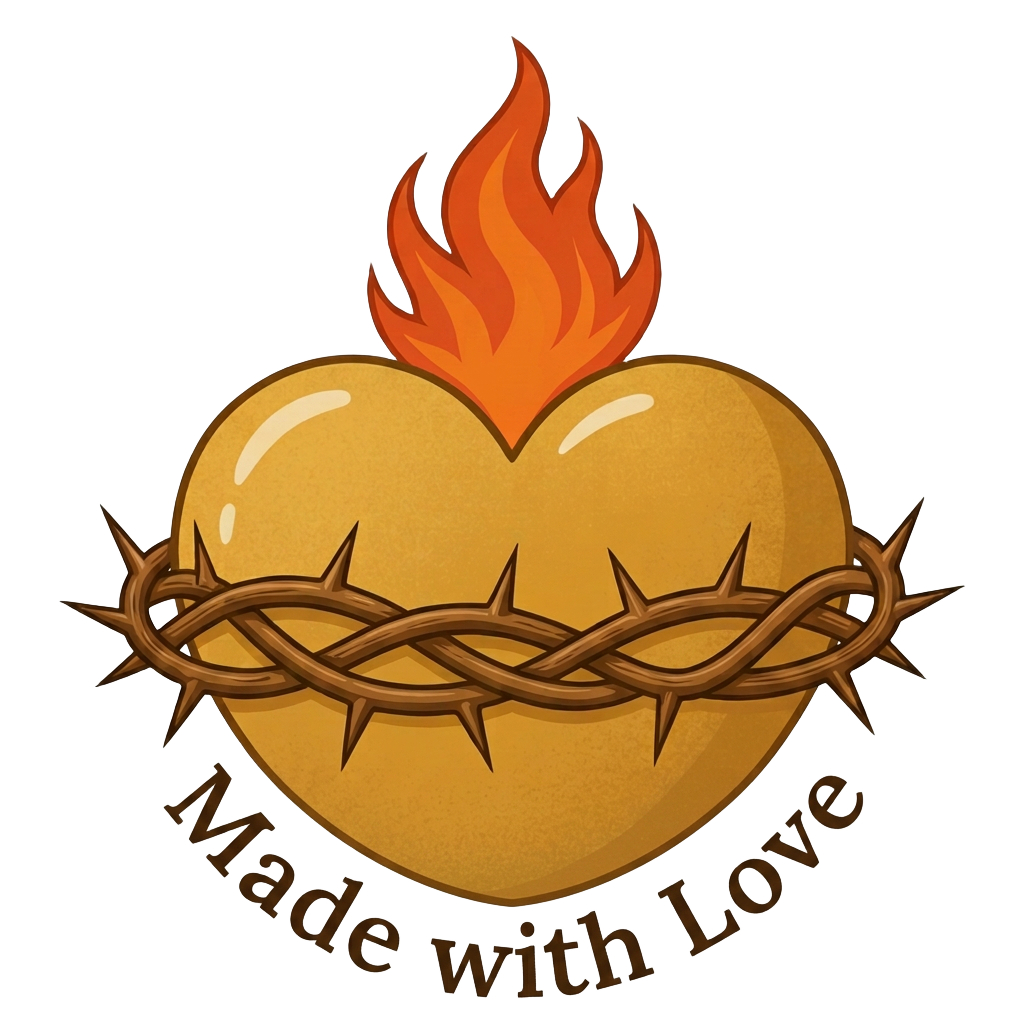 Golden heart with a red-orange flame, woven thorns, and the statement Made with Love