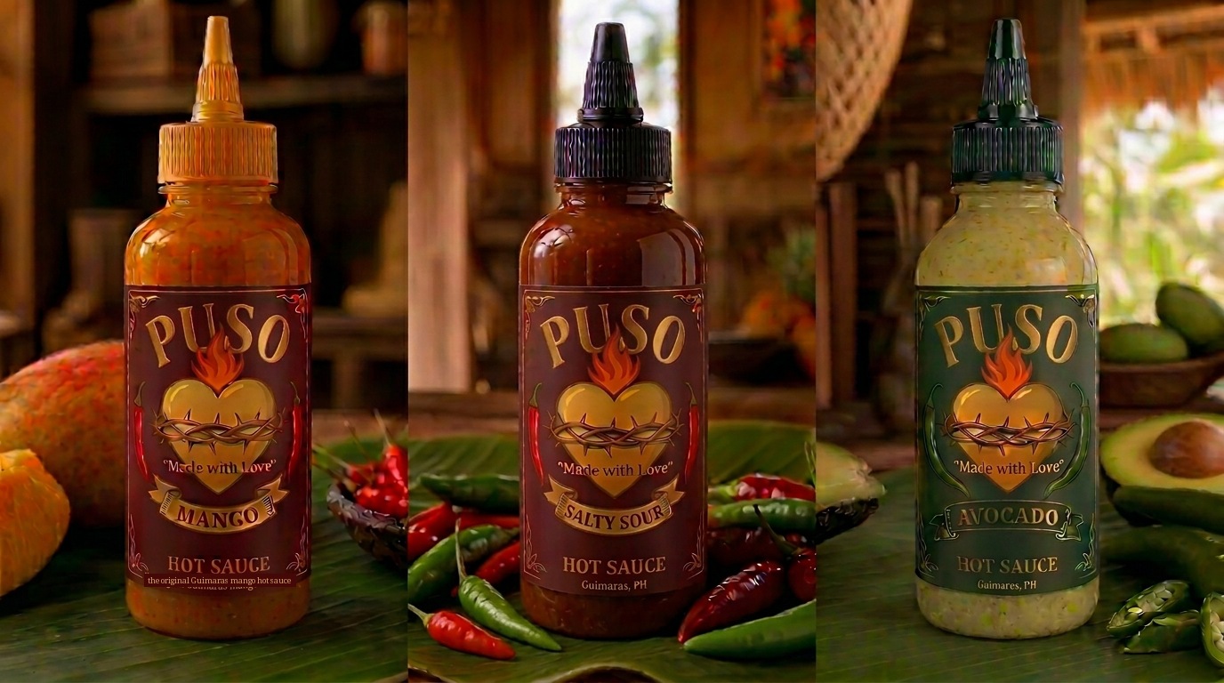 Three hot sauce bottles — mango, Salty Sour and avocado — with fruit and chilies