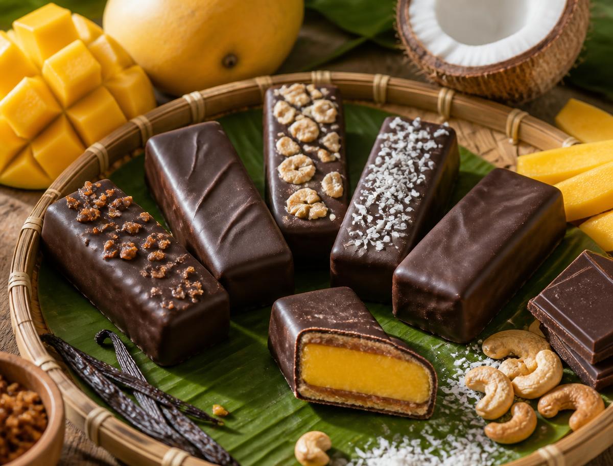 Mango chocolate bars in six flavours with a golden mango centre