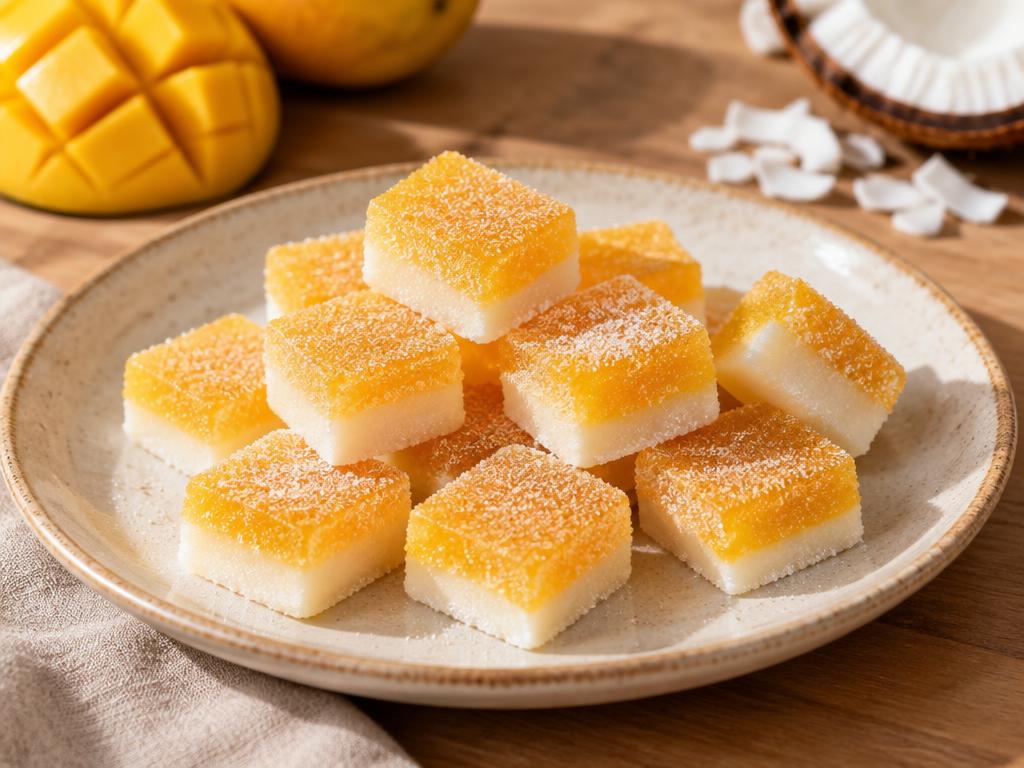 Two-layer sour mango and sweet coconut gummies